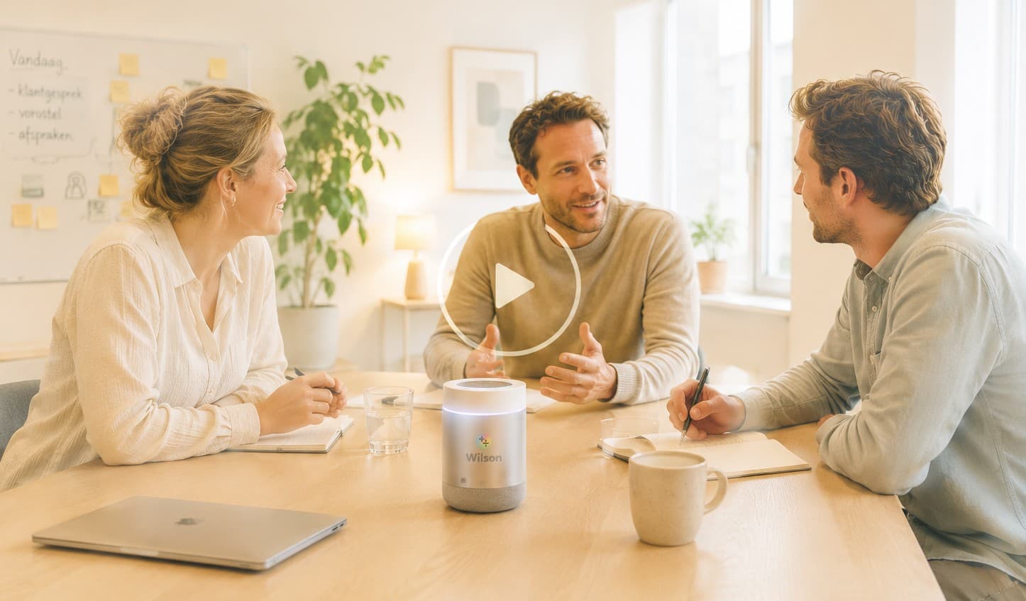 Three colleagues in conversation with Wilson on the table